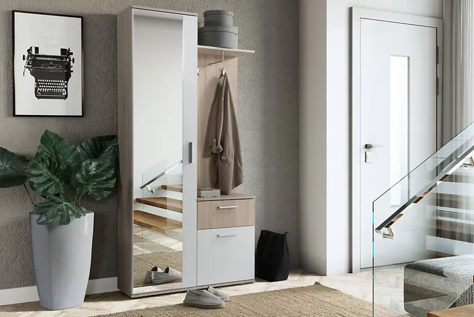 Minio go for it, Ensemble vestiaire ALEX avec miroir 97x195x30, chêne soona et blanc