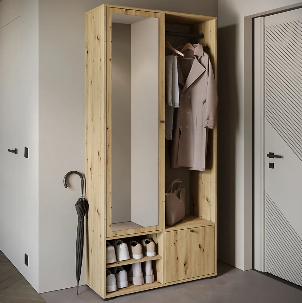 Minio go for it, Ensemble vestiaire DAFNI avec miroir 90x190x33, chêne artisan