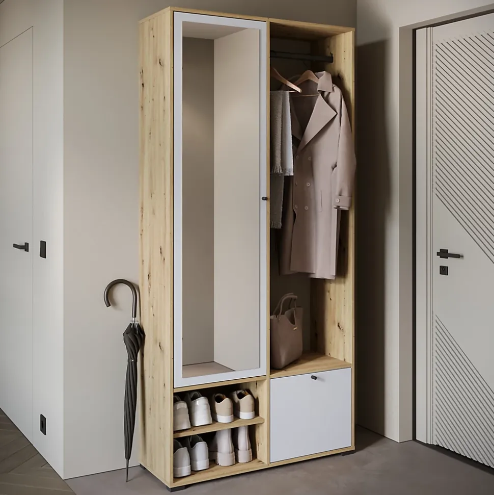 Minio go for it, Ensemble vestiaire DAFNI avec miroir 90x190x33, chêne Artisan/blanc