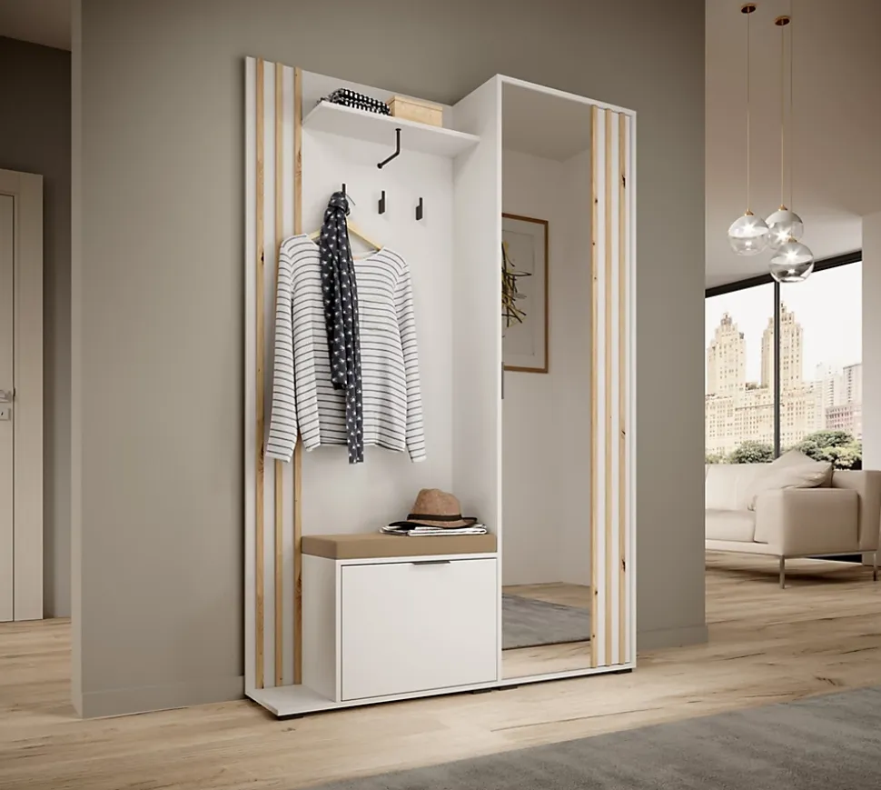 Minio go for it, Ensemble vestiaire NEL, avec miroir, avec siège tapissé, 131 cm, Chêne Artisan / Couleur blanc