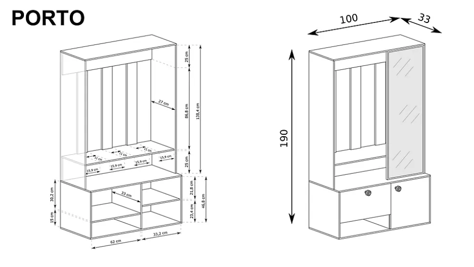 Minio go for it, Ensemble vestiaire PORTO UNI 100, avec miroir, Green Stone