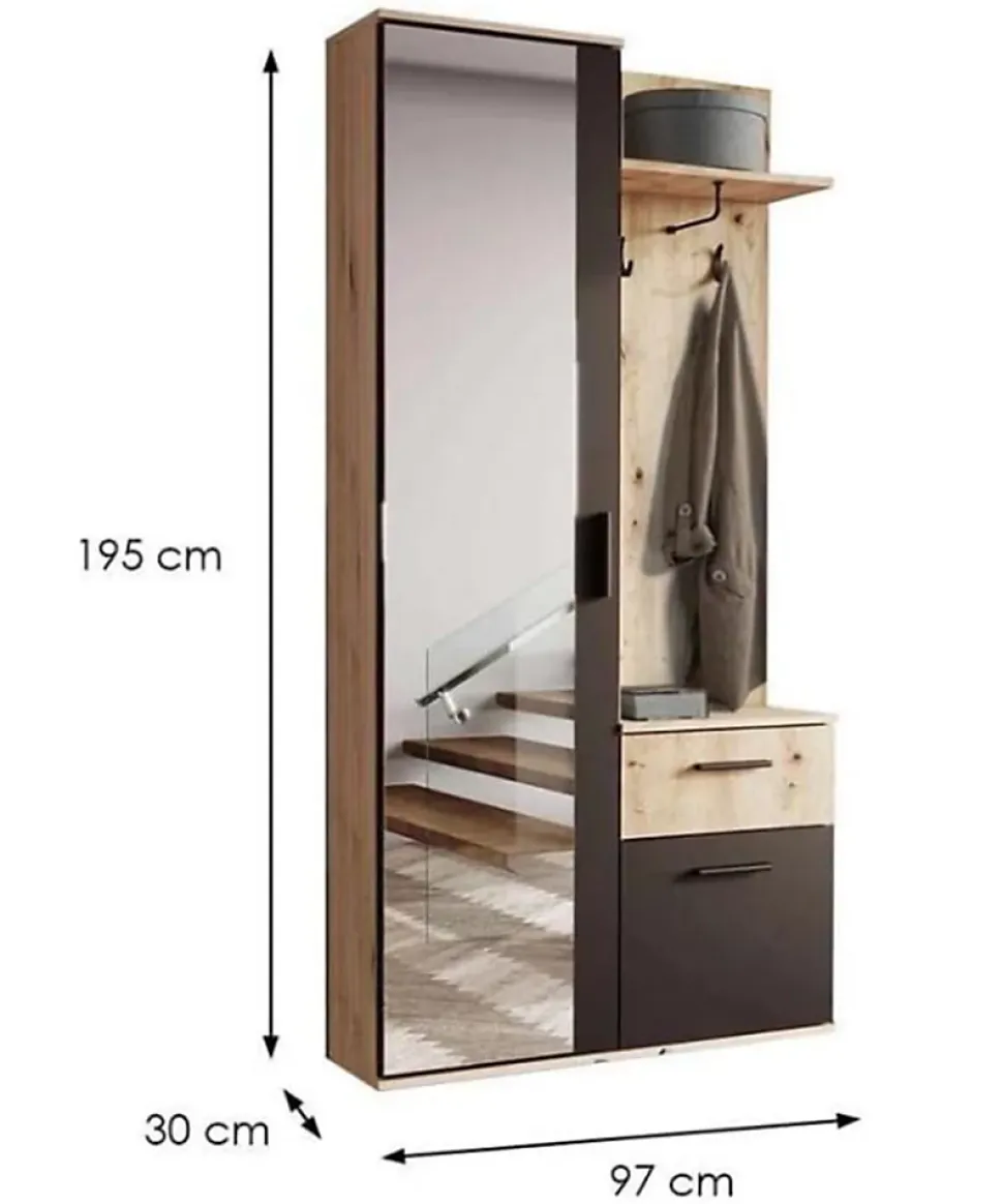 Minio go for it, Ensemble vestiaire ALEX avec miroir 97x195x30, chêne Artisan et noir