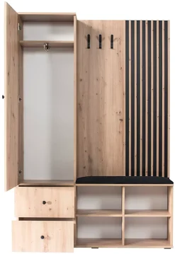 Minio go for it, Ensemble vestiaire MALI, avec miroir, avec lamelles 3D, avec siège tapissé, Chêne Artisan / Couleur noire