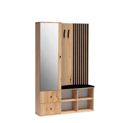 Minio go for it, Ensemble vestiaire MALI, avec miroir, avec lamelles 3D, avec siège tapissé, Chêne Artisan / Couleur noire