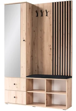Minio go for it, Ensemble vestiaire MALI, avec miroir, avec lamelles 3D, avec siège tapissé, Chêne Artisan / Couleur noire