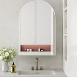 Miroir - Armoire Miroir Arc avec Meuble de Rangement Mural Pour Salle de Bain, Salon ou Chambre, 91 x 61 x 12 cm, Blanc