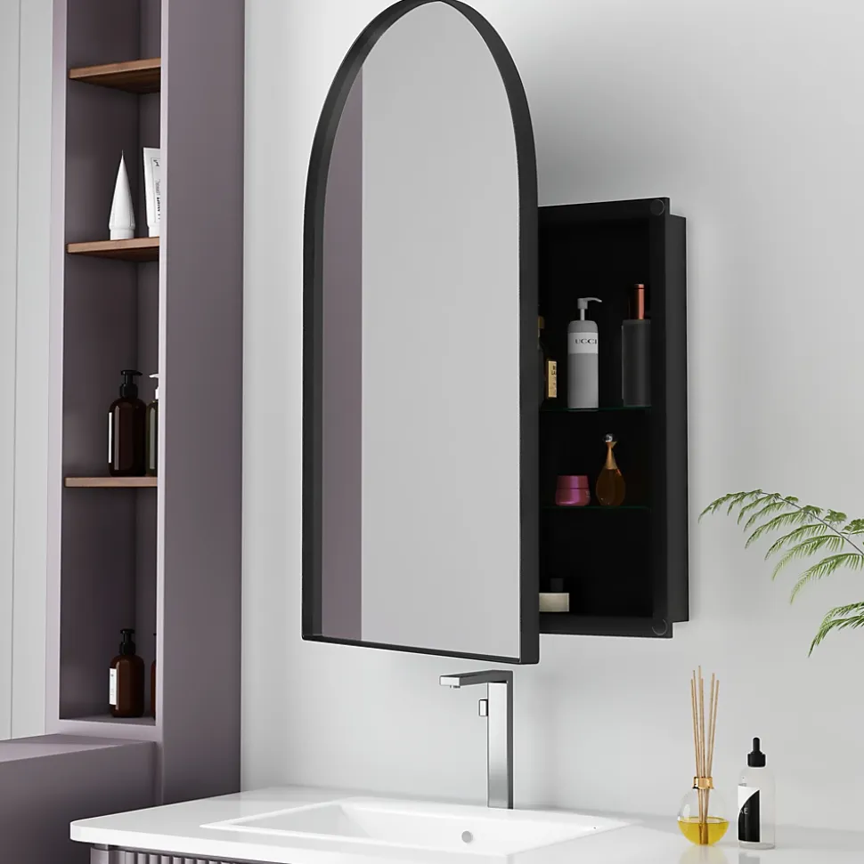 Miroir - Armoire Miroir Arc avec Meuble de Rangement Mural Pour Salle de Bain, Salon ou Chambre, 91 x 61 x 12 cm, Noir