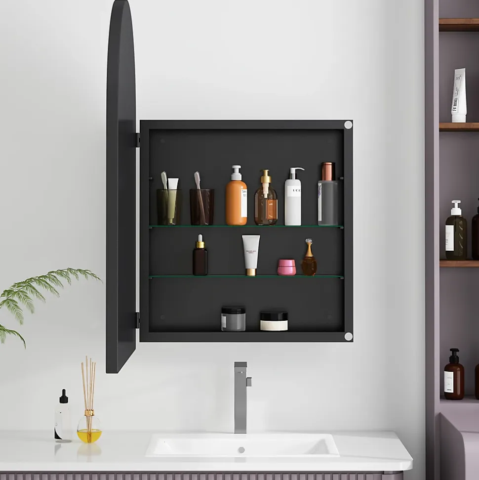 Miroir - Armoire Miroir Arc avec Meuble de Rangement Mural Pour Salle de Bain, Salon ou Chambre, 91 x 61 x 12 cm, Noir