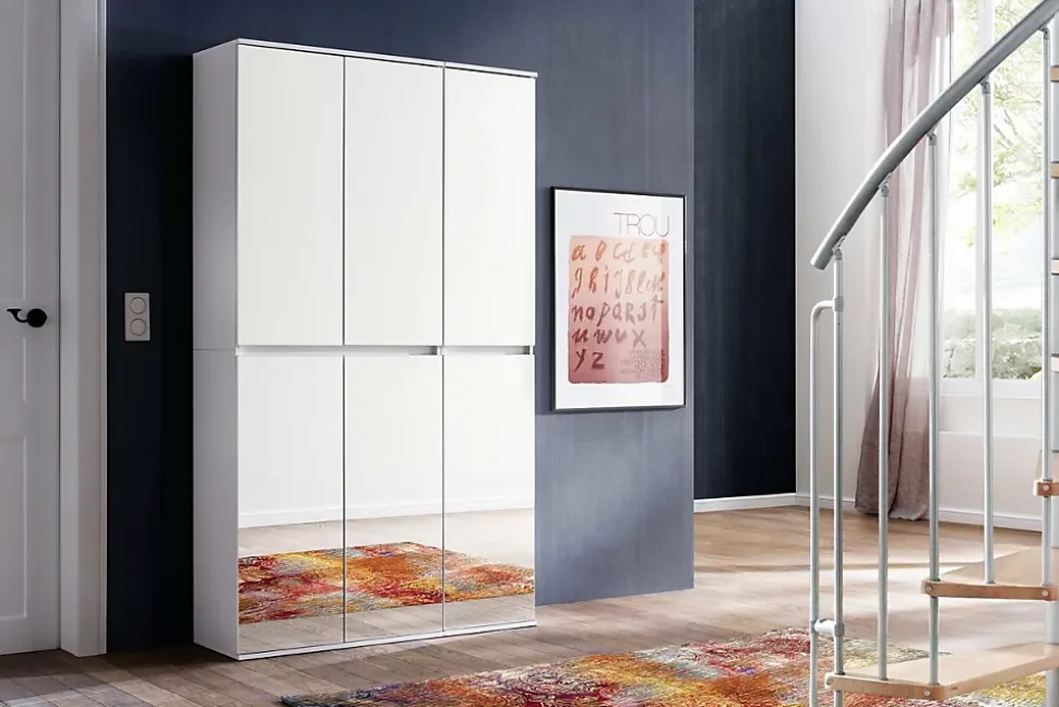 MIRROR - Meuble de chambre - Armoire avec 6 portes-miroirs en mélaminé blanc. L-H-P : 111-191-34 cm.