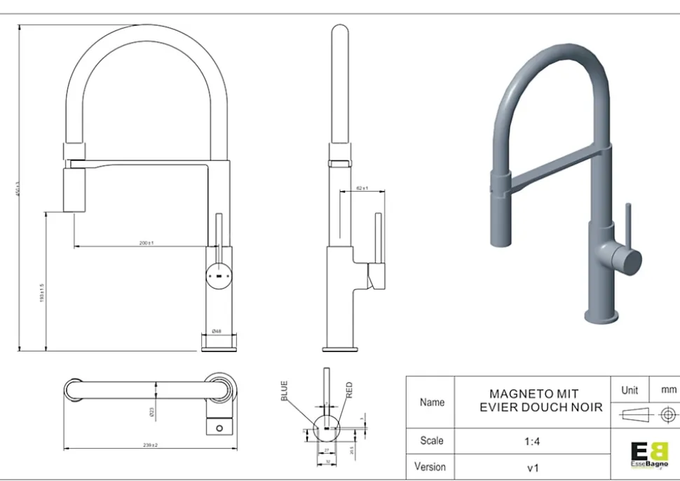 Mitigeur de cuisine noir avec douchette EsseBagno Magnet