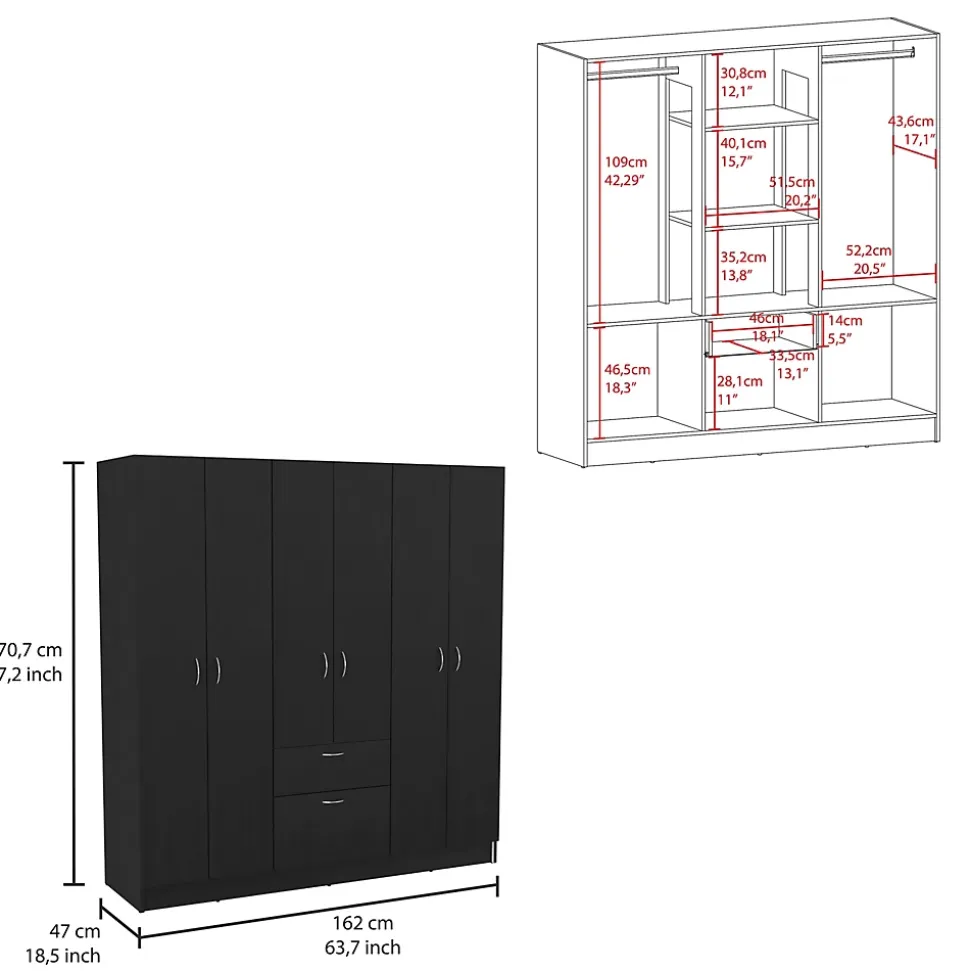 Mitu Armoire 6 portes avec un tiroir et une armoire, 181 cm X 162 cm X 47.29 cm , Noir