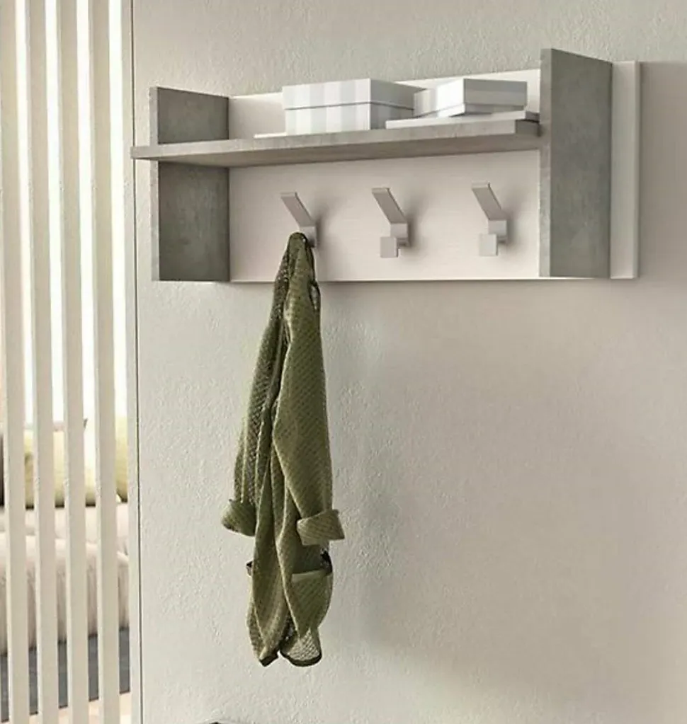Mobilier d'entrée Angry, Cintre avec 3 crochets, Etagère de rangement d'entrée, 100% Made in Italy, 90x29h34 cm, Blanc et Ciment