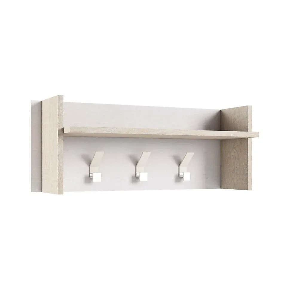 Mobilier d'entrée Angry, Cintre avec 3 crochets, Etagère de rangement d'entrée, 100% Made in Italy, 90x29h34 cm, Blanc et Chêne