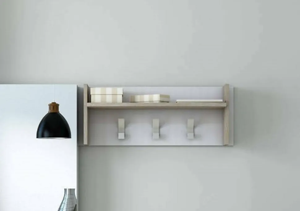 Mobilier d'entrée Angry, Cintre avec 3 crochets, Etagère de rangement d'entrée, 100% Made in Italy, 90x29h34 cm, Blanc et Chêne