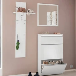 Mobilier d'entrée Dlentin, Entrée multifonction moderne, Casier polyvalent pour hall d'entrée, 50x27h140 cm, Blanc brillant