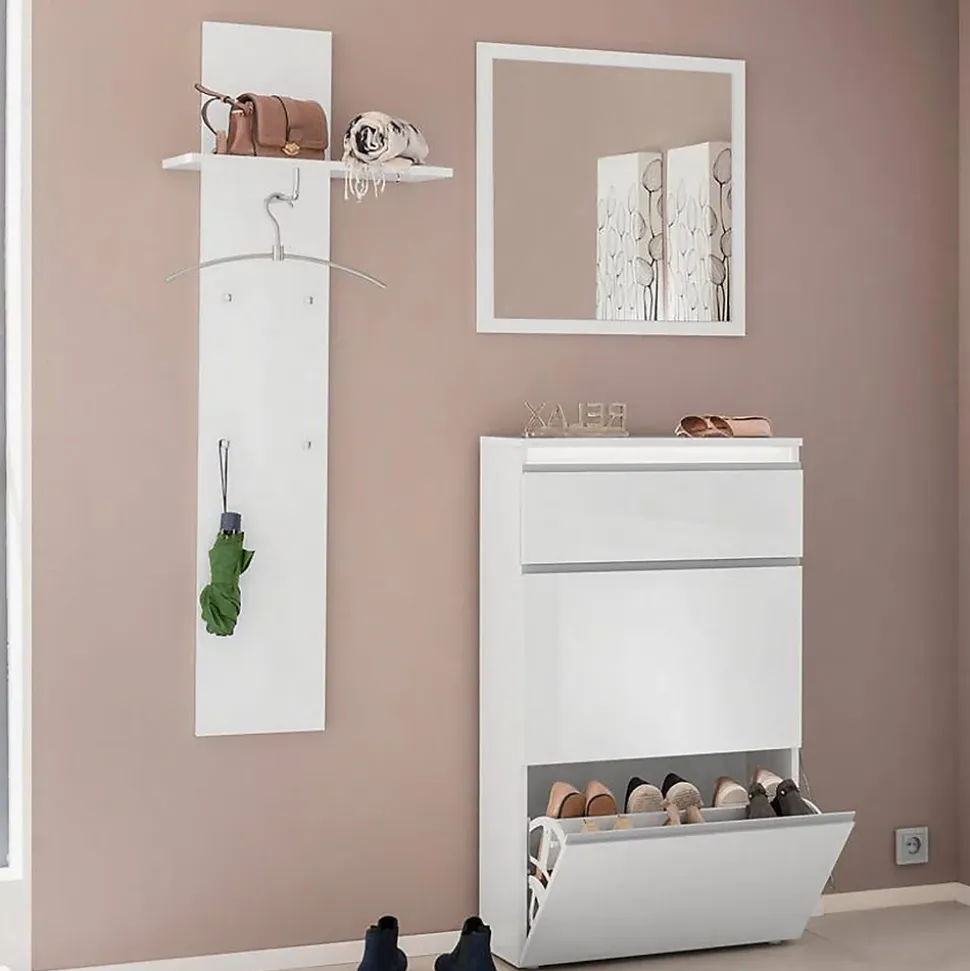 Mobilier d'entrée Dlentin, Entrée multifonction moderne, Casier polyvalent pour hall d'entrée, 50x27h140 cm, Blanc brillant