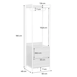 Module dressing blanc avec 1 penderie. 2 tiroirs et 1 étagère. L 60 x P 48 x H 190 cm
