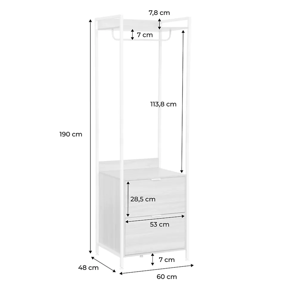 Module dressing blanc avec 1 penderie. 2 tiroirs et 1 étagère. L 60 x P 48 x H 190 cm