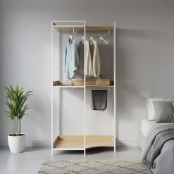 Module dressing d'angle blanc avec 4 penderies et 2 étagères. L 80 x P 80 x H 190 cm