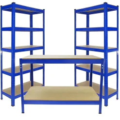 Monster Racking 2 x Rayonnage T-Rax 90cm Bleu & Etabli de Travail Q-Rax Bleu 120 cm
