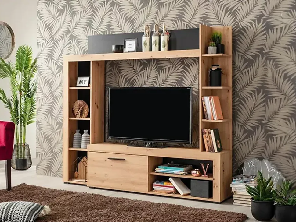 Mur TV BALTIMORE - Avec rangements - Coloris : Chêne & Anthracite