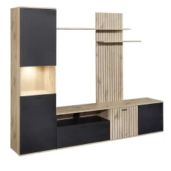 NIVER - Meuble TV Mural avec Banc TV et Colonne Led inclue et Aspect Bois Noir