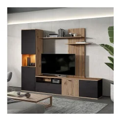 NIVER - Meuble TV Mural avec Banc TV et Colonne Led inclue et Aspect Bois Noir