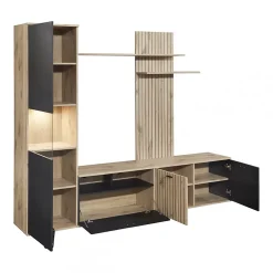 NIVER - Meuble TV Mural avec Banc TV et Colonne Led inclue et Aspect Bois Noir