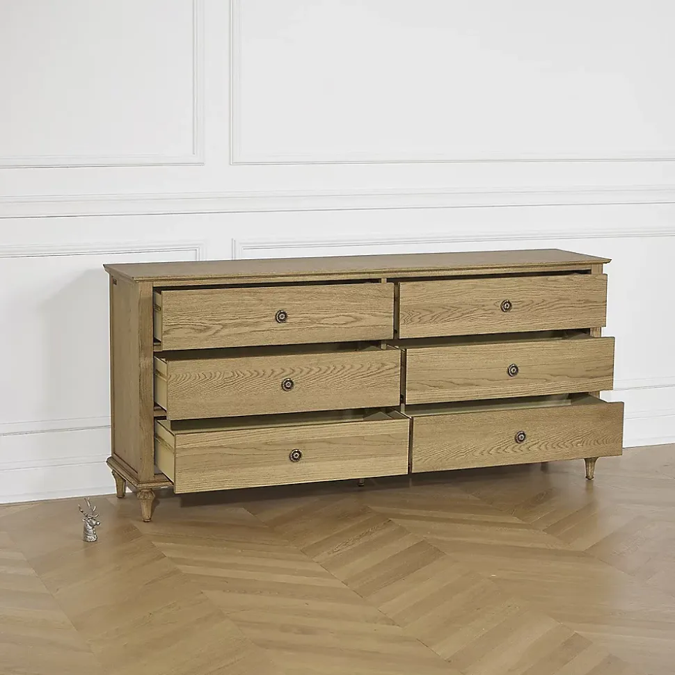 OLIVIA Commode Shabby chic en chêne, 6 tiroirs