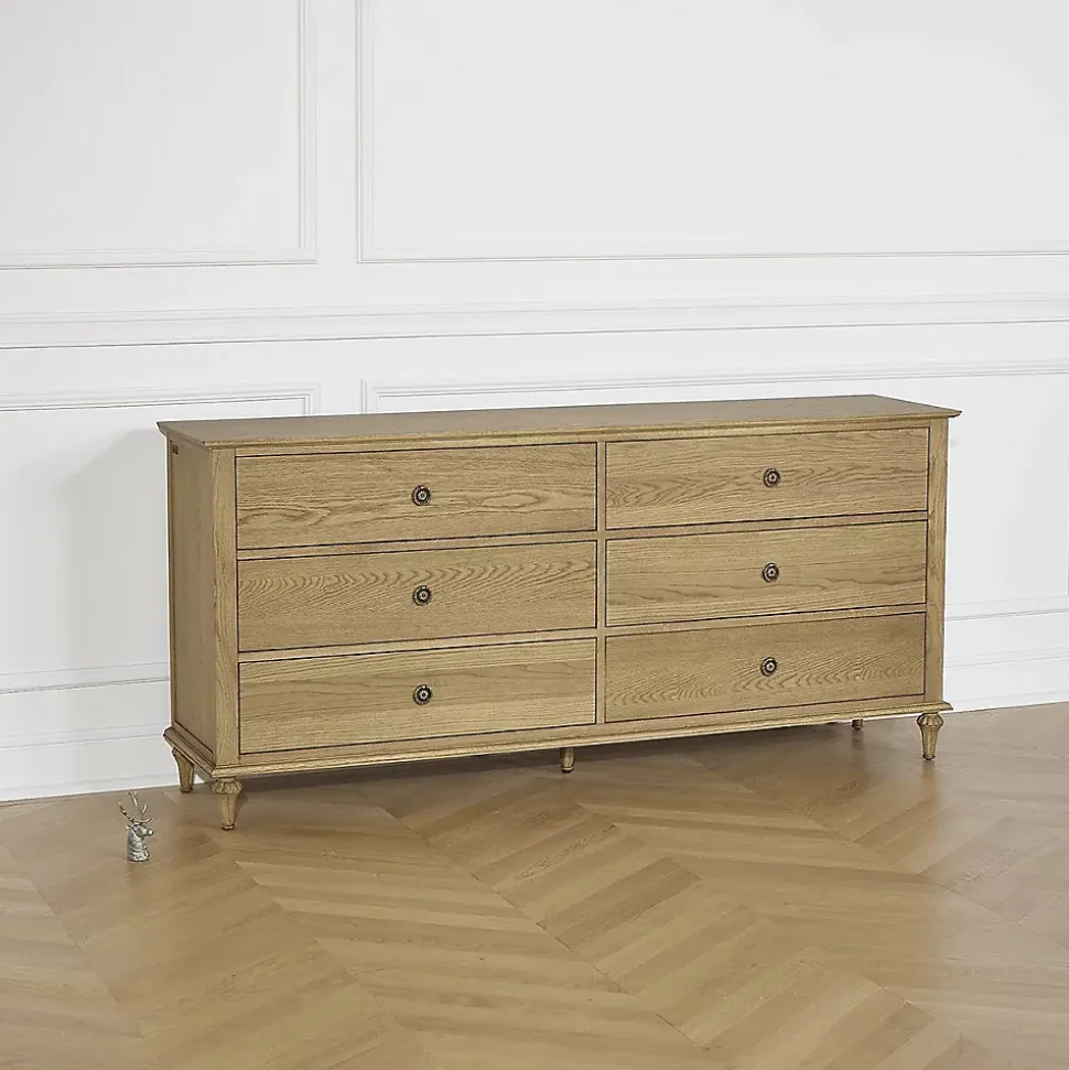 OLIVIA Commode Shabby chic en chêne, 6 tiroirs