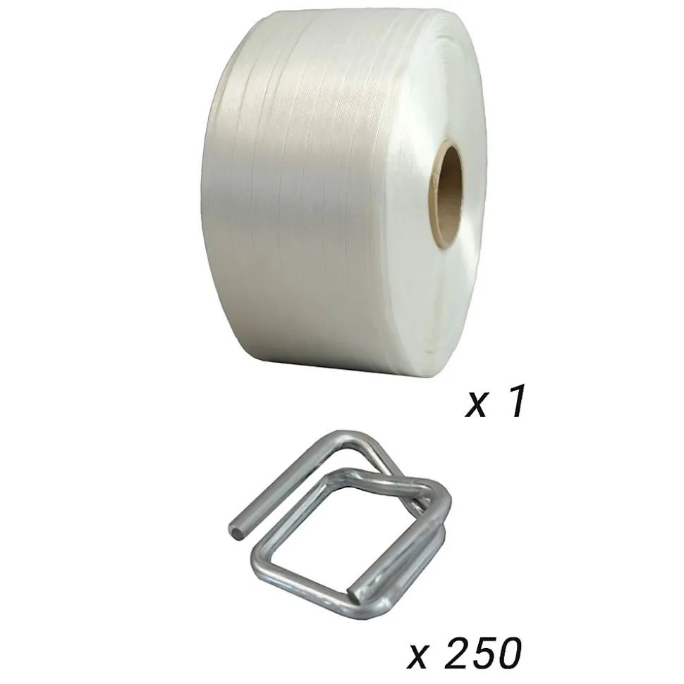 Pack 1 Feuillard de cerclage fil à fil 16 mm x 850 m + 250 Boucles - Feuillard textile Haute Résistance 450kg - TECPLAST PFF1