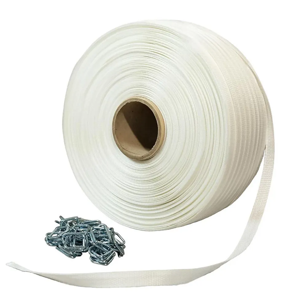 Pack 1 Feuillard de cerclage tressé 16 mm x 850 m + 250 Boucles - Feuillard textile Haute Résistance 450kg - TECPLAST PFT1