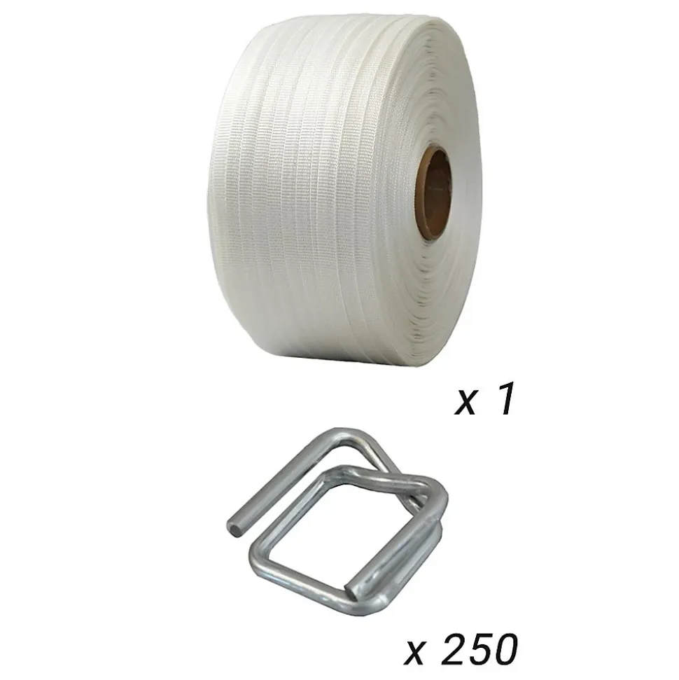 Pack 1 Feuillard de cerclage tressé 19 mm x 500 m + 250 Boucles - Feuillard textile Haute Résistance 750kg - TECPLAST PFT1