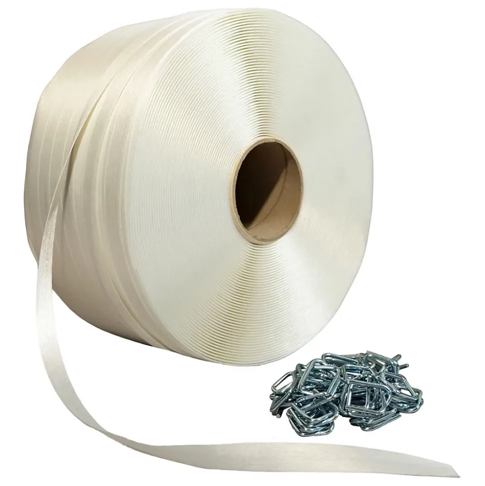 Pack 1 Feuillard de cerclage fil à fil 13 mm x 1100 m + 250 Boucles - Feuillard textile Haute Résistance 375kg - TECPLAST PFF1