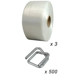 Pack 3 Feuillards de cerclage fil à fil 19 mm x 600 m + 500 Boucles OFFERTES - Feuillard textile Résistance 550kg - TECPLAST PFF3