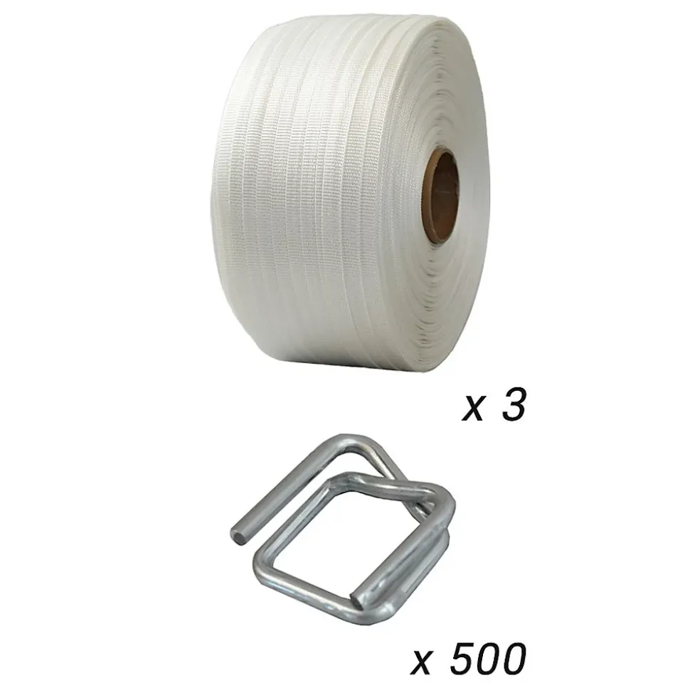 Pack 3 Feuillards de cerclage tressés 19 mm x 500 m + 500 Boucles OFFERTES - Feuillard textile Résistance 750kg - TECPLAST PFT3