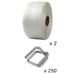 Pack 2 Feuillards de cerclage tressés 19 mm x 500 m + 250 Boucles OFFERTES - Feuillard textile Résistance 750kg - TECPLAST PFT2