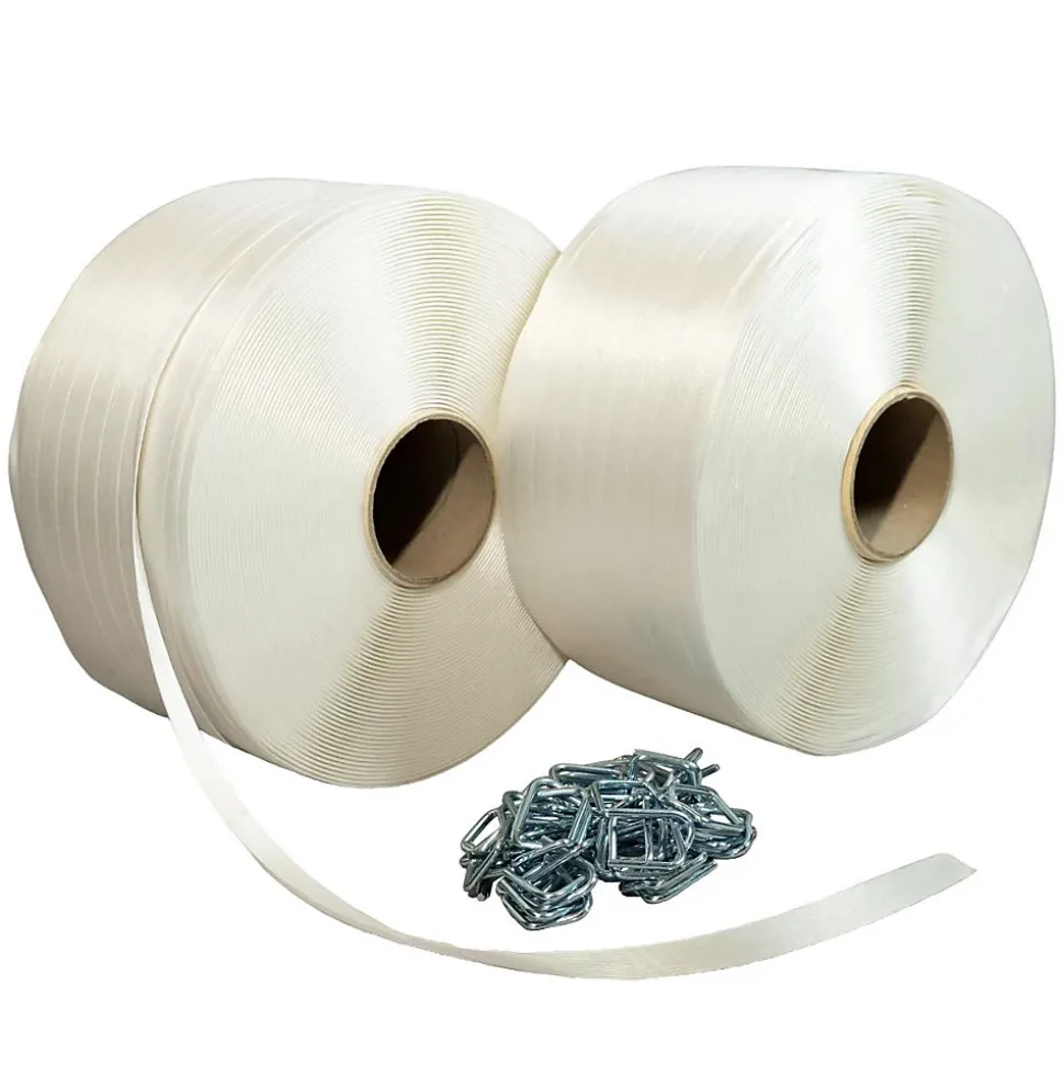 Pack 2 Feuillards de cerclage fil à fil 19 mm x 600 m + 250 Boucles OFFERTES - Feuillard textile Résistance 550kg - TECPLAST PFF2