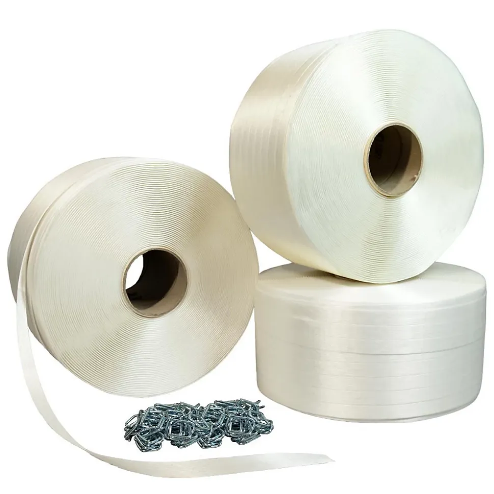 Pack 3 Feuillards de cerclage fil à fil 13 mm x 1100m + 500 Boucles OFFERTES - Feuillard textile Résistance 375kg - TECPLAST PFF3
