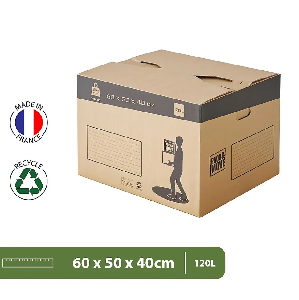 Pack and Move - Lot 20 cartons déménagement automatique - 60 x 50 x 40 cm - Poignées renforcées