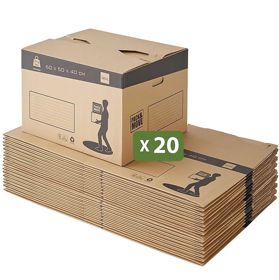 Pack and Move - Lot 20 cartons déménagement automatique - 60 x 50 x 40 cm - Poignées renforcées