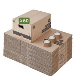 Pack and Move - Lot 60 cartons déménagement M - 60 x 40 x 30 cm - Poignées renforcées - 3 adhésifs offerts