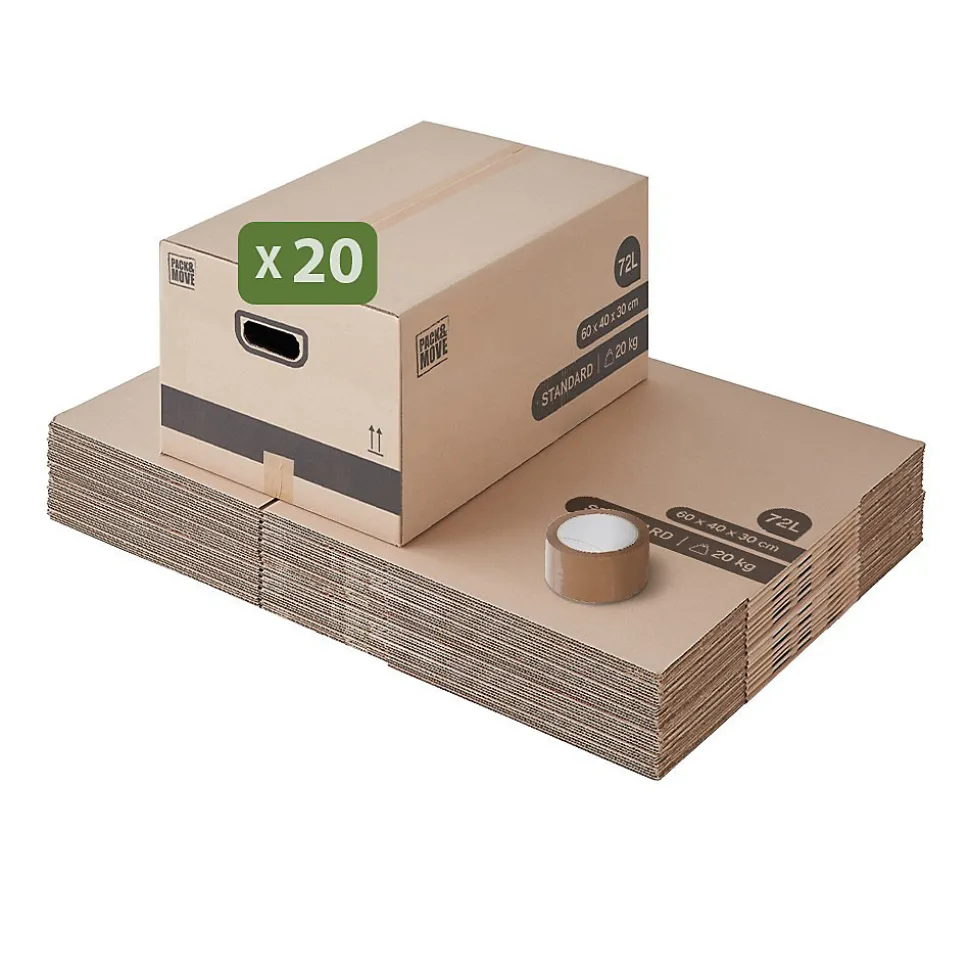 Pack and Move - Lot 20 cartons déménagement M - 60 x 40 x 30 cm - Poignées renforcées - 1 adhésif offert
