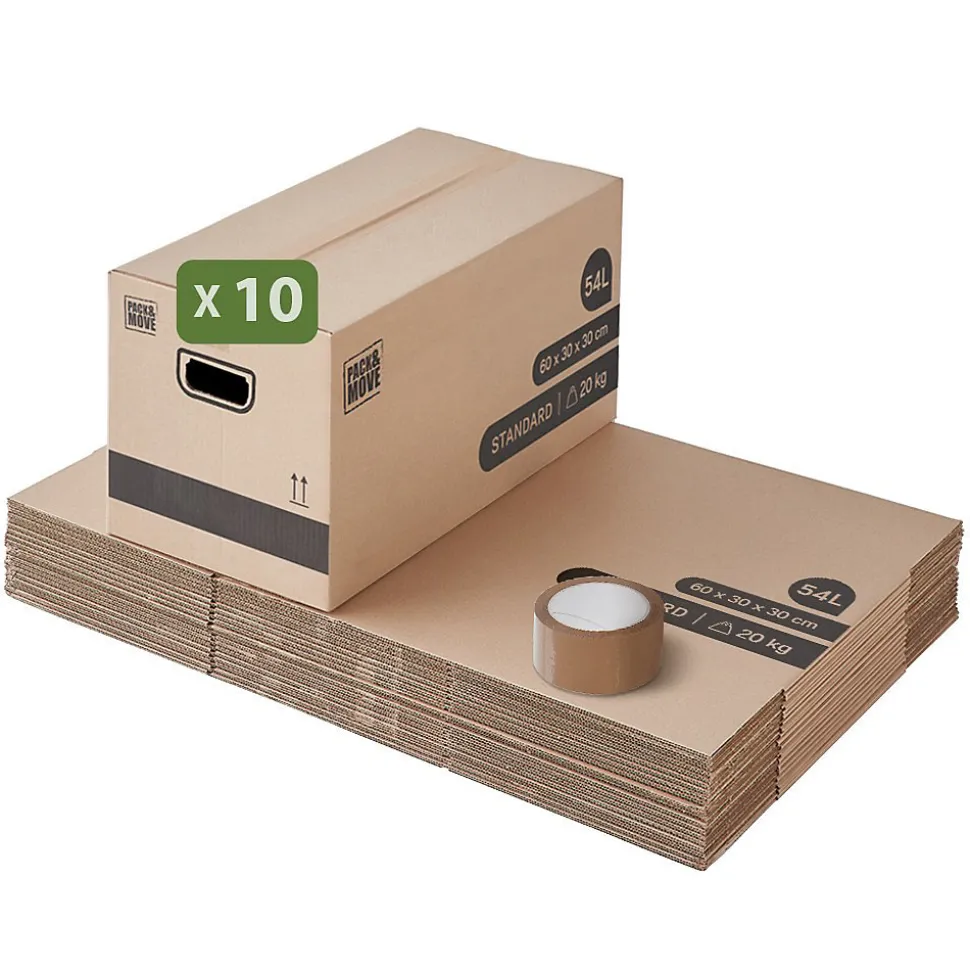 Pack and Move - Lot 10 cartons déménagement stockage standard - 60 x 30 x 30 cm - Poignées renforcées - 1 adhésif offert