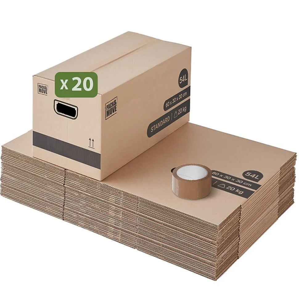 Pack and Move - Lot 20 cartons déménagement stockage standard - 60 x 30 x 30 cm - Poignées renforcées - 1 adhésif offert