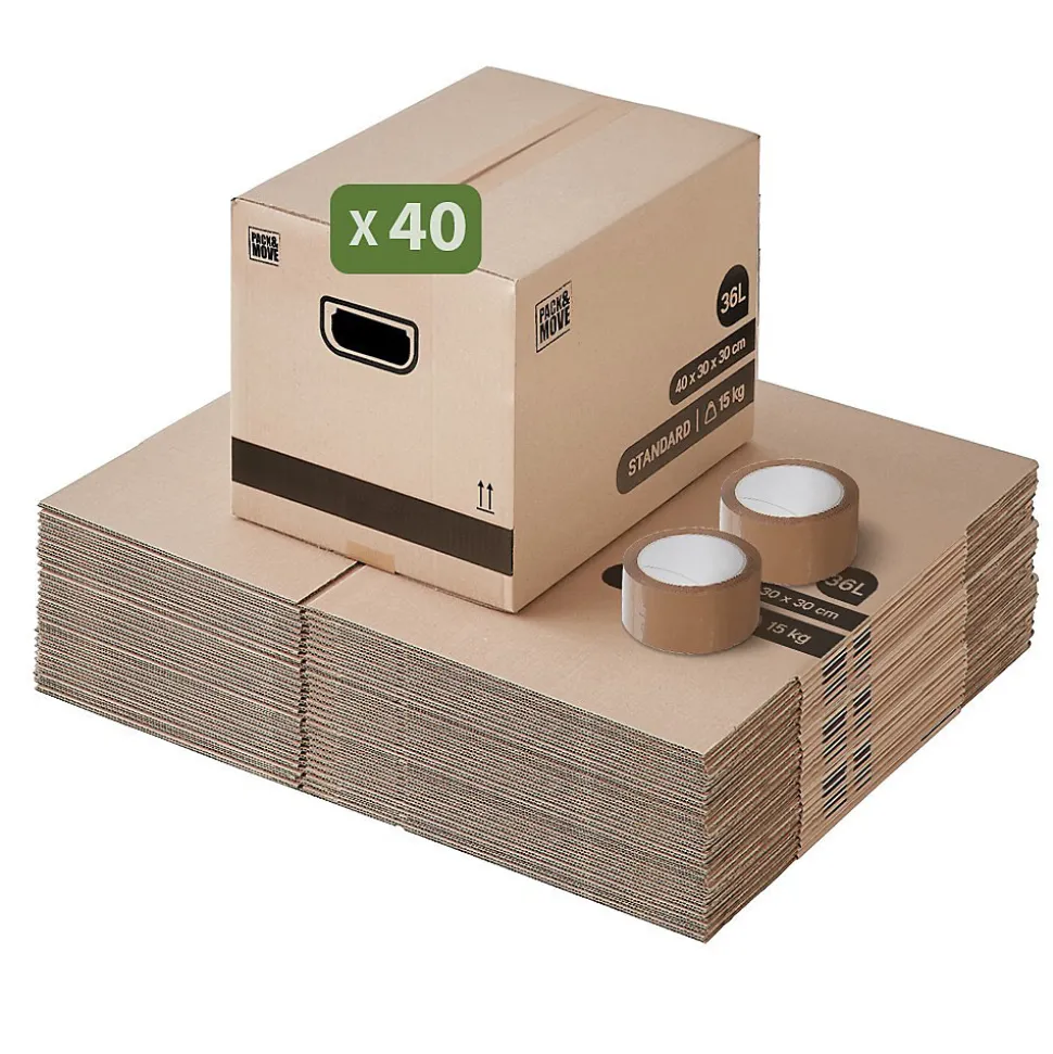 Pack and Move - Lot 40 cartons déménagement stockage livres - 40 x 30 x 30 cm - Poignées renforcées - 2 adhésifs offerts