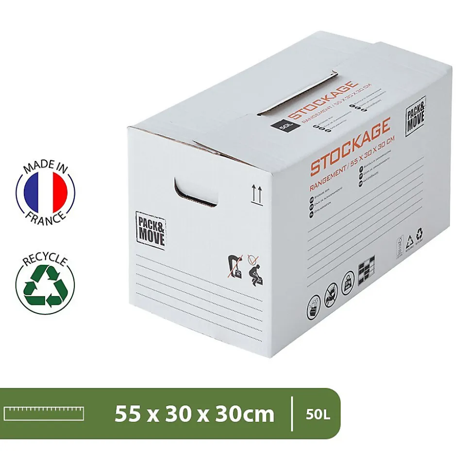 Pack and Move - Lot 20 cartons stockage - 55 x 30 x 30 cm - Poignées renforcées - 1 marqueur offert