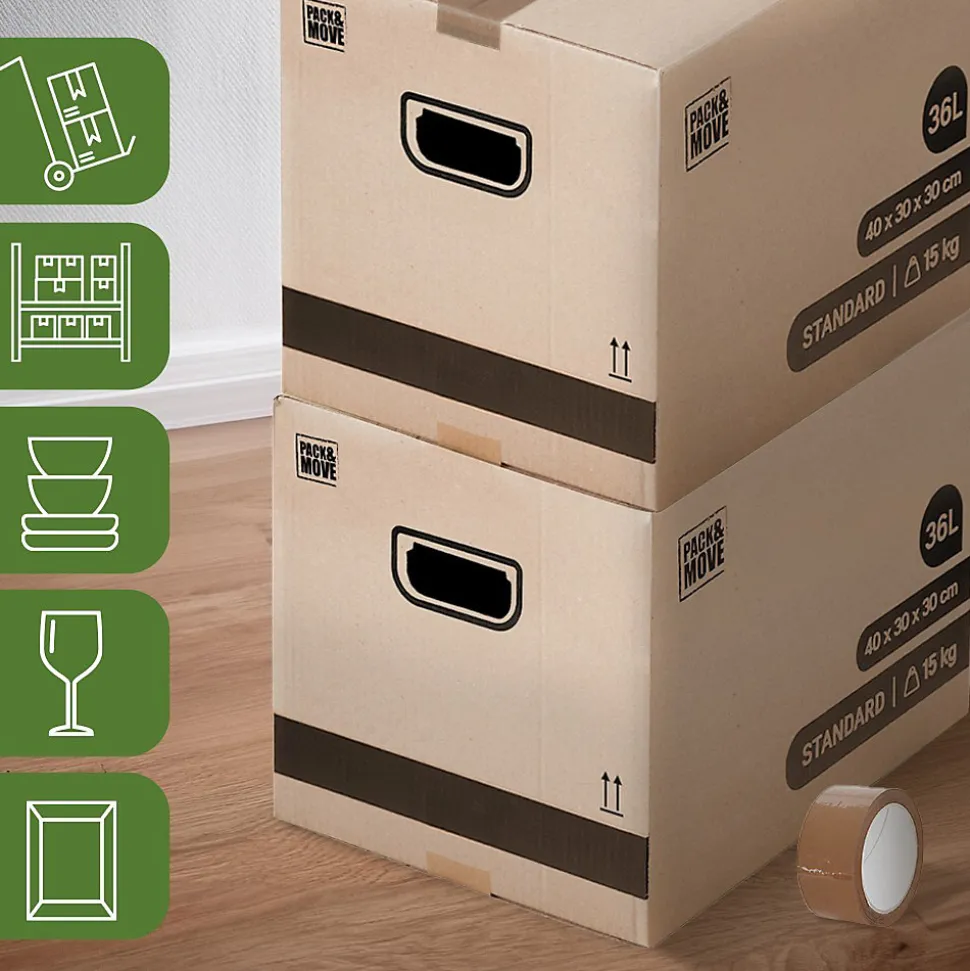 Pack and Move - Lot 20 cartons déménagement stockage livres - 40 x 30 x 30 cm - Poignée renforcées - 1 adhésif offert