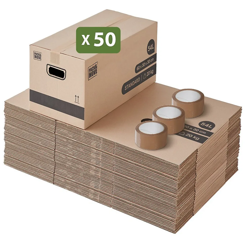 Pack and Move - Lot 50 cartons déménagement stockage standard - 60 x 30 x 30 cm - Poignées renforcées - 3 adhésifs offerts