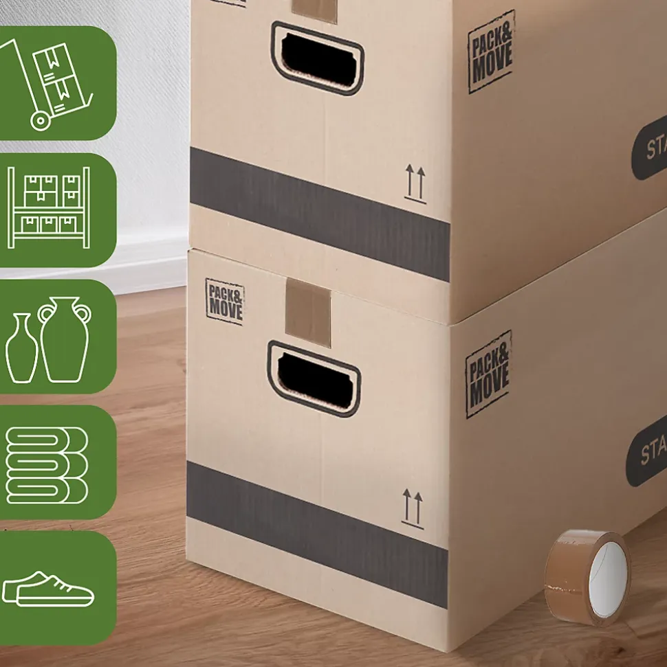 Pack and Move - Lot 50 cartons déménagement stockage standard - 60 x 30 x 30 cm - Poignées renforcées - 3 adhésifs offerts